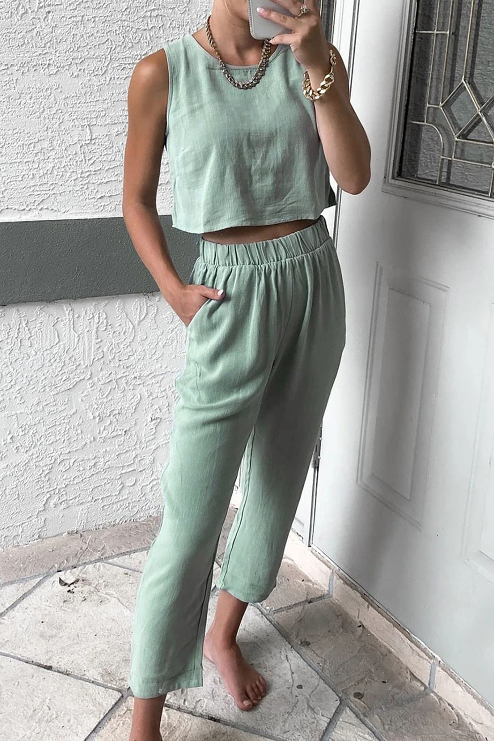 Round Neck Top and Pants Set - 2 PCS. - T - 3 COLORS -