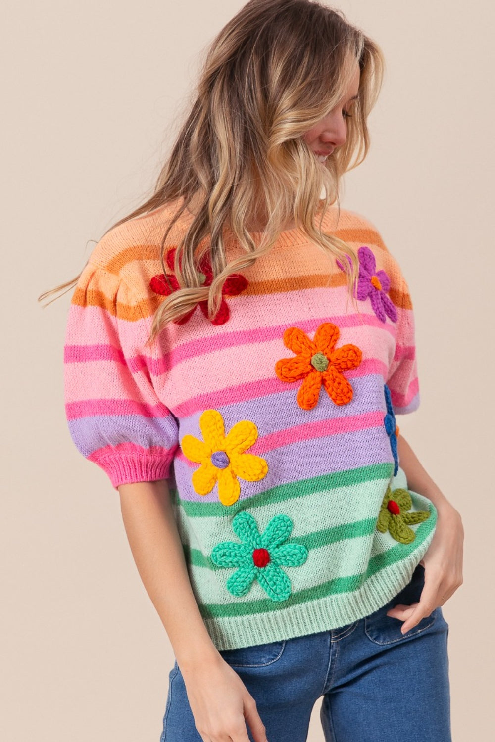 BiBi Flower Patch Puff Sleeve Striped Sweater - T - 1 COLOR -