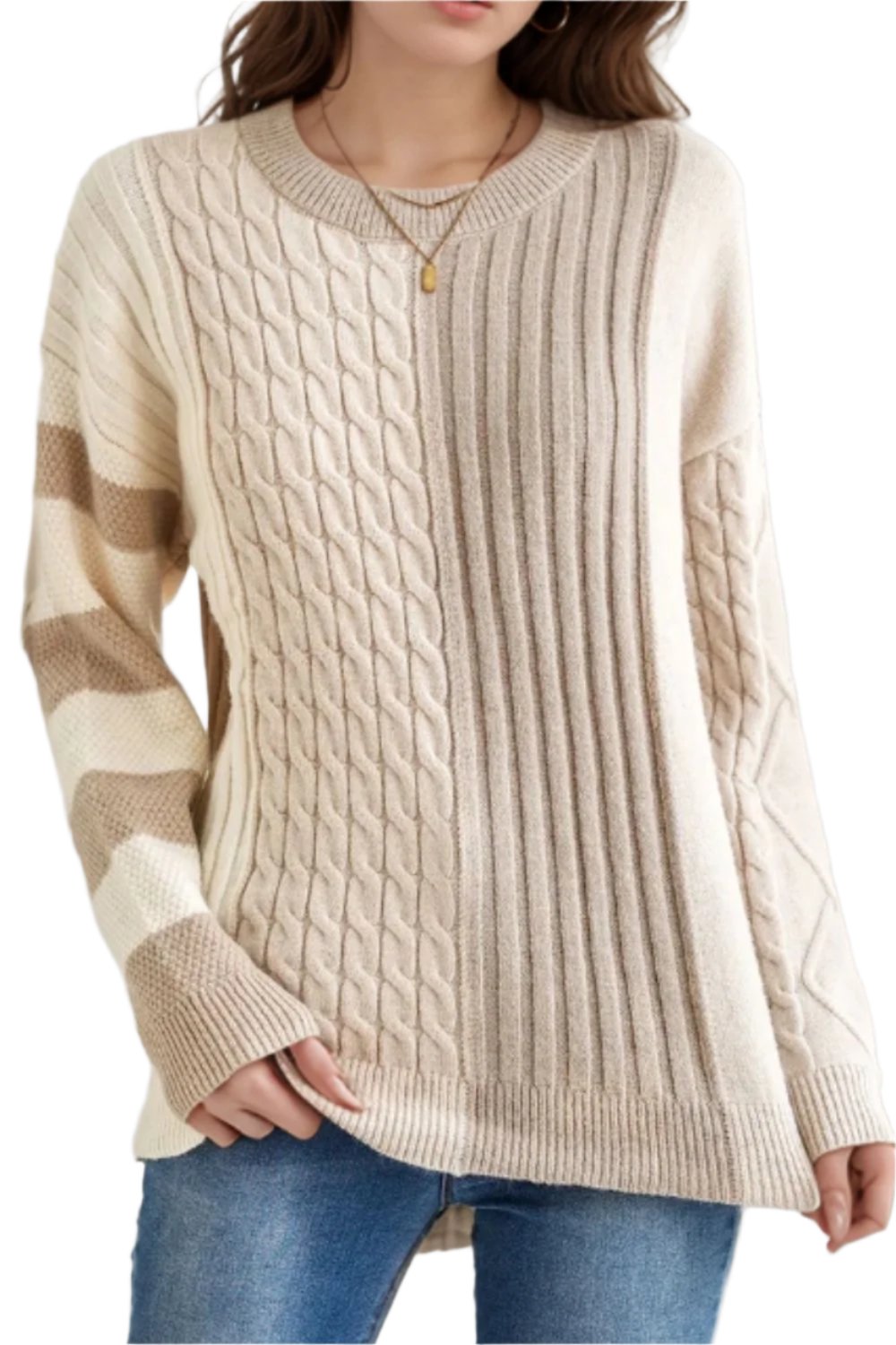 Cable-Knit Color Block Round Neck Sweater - T - 1 COLOR -