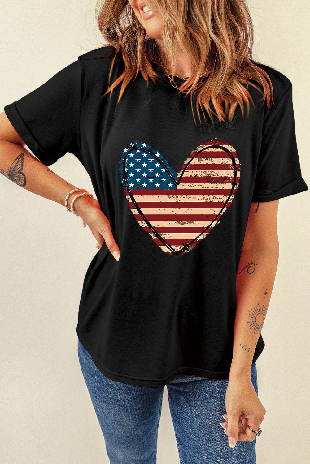 Stars and Stripes Heart Round Neck Short Sleeve T-Shirt - T - 1 COLOR -