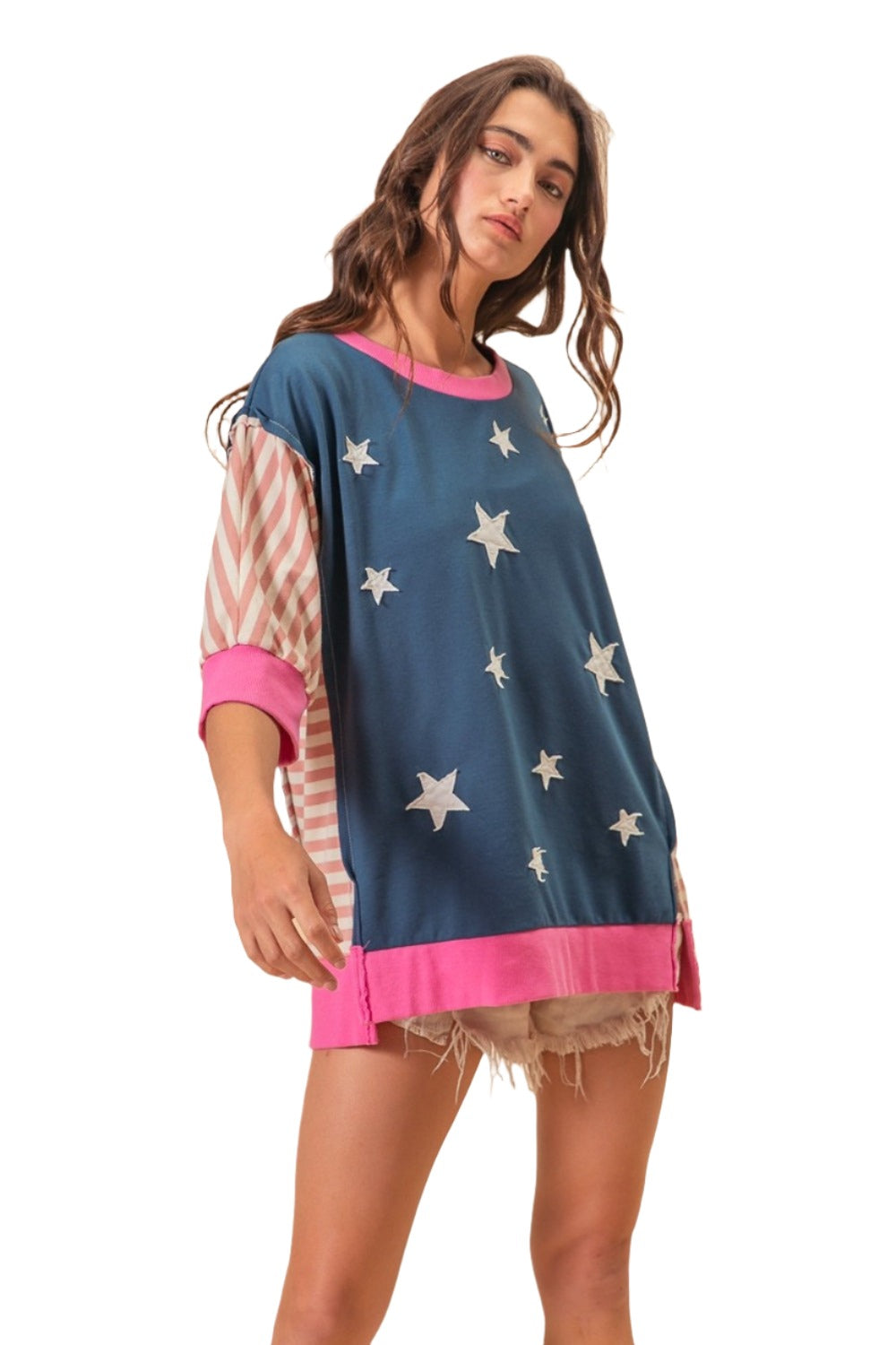 BiBi US Flag Theme Color Block Star Patch T-Shirt - T - 1 COLOR -