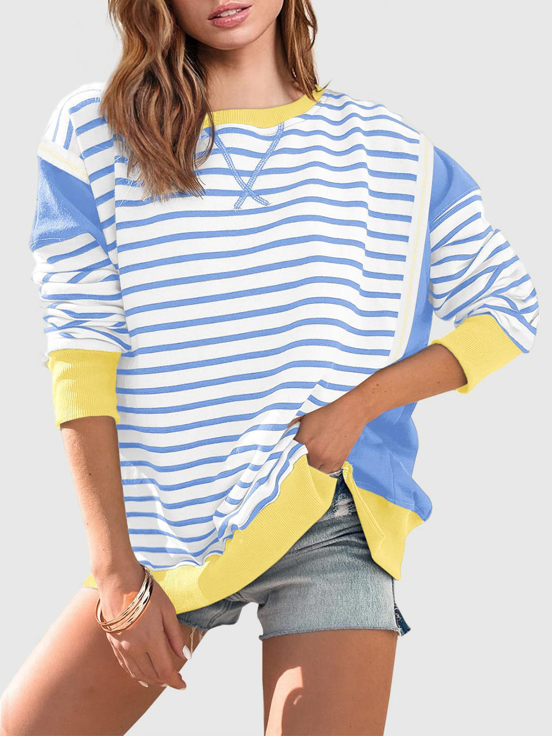 Slit Exposed Seam Striped Long Sleeve Sweatshirt - T - 8 COLORS -