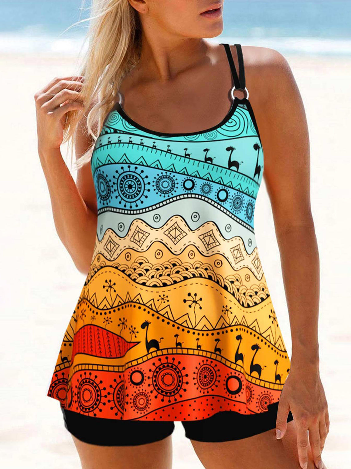 Printed Round Neck Two-Piece Swim Set - T - 2 COLORS -