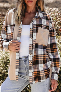 Thumbnail for Pocketed Plaid Collared Neck Dropped Shoulder Shacket - T - 1 COLOR -