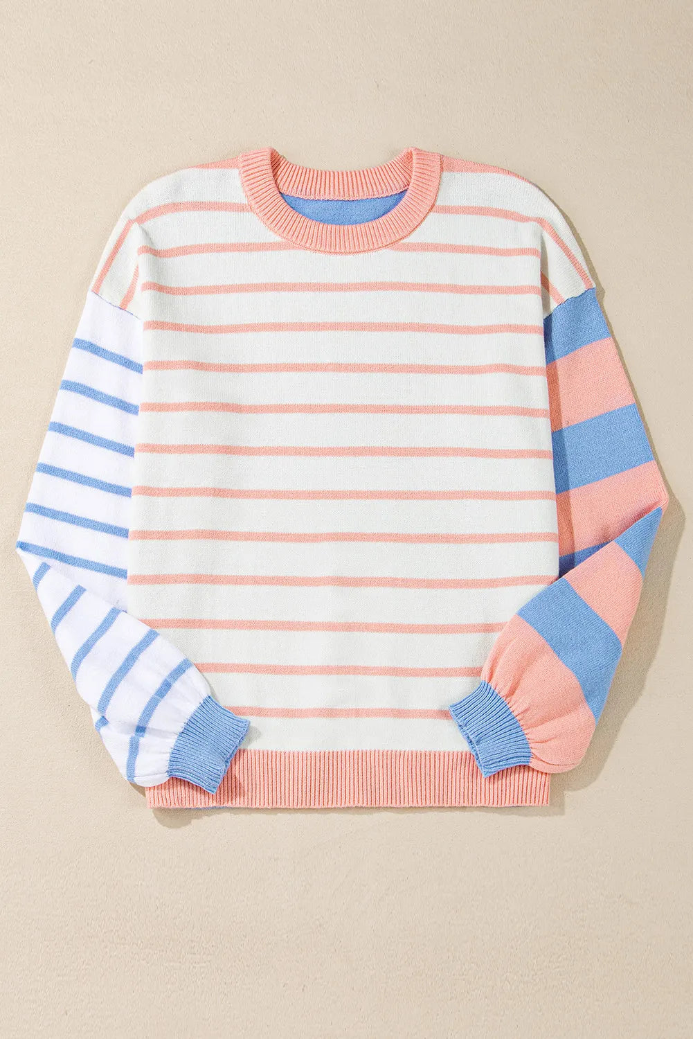 Contrast Striped Round Neck Long Sleeve Sweater - T - 1 COLOR -