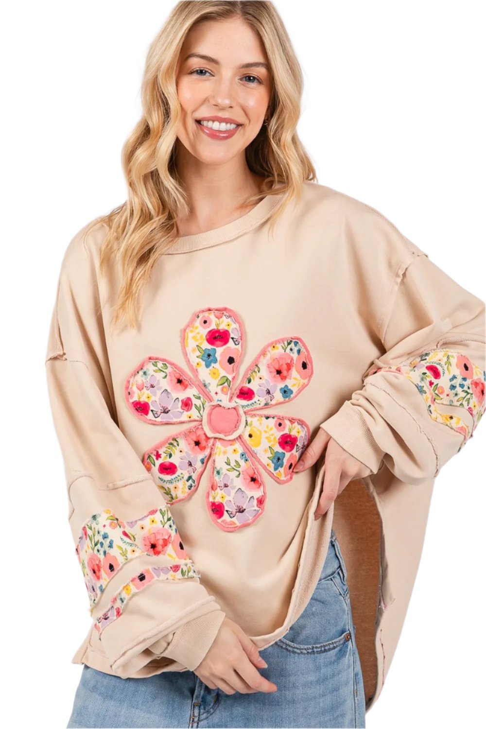 SAGE + FIG Daisy Patch Applique Long Sleeve Sweatshirt - T - 1 COLOR -