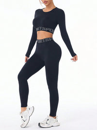 Thumbnail for Letter Print Round Neck Long Sleeve Top and Leggings Active set - 2 PCS. - T - 1 COLOR -