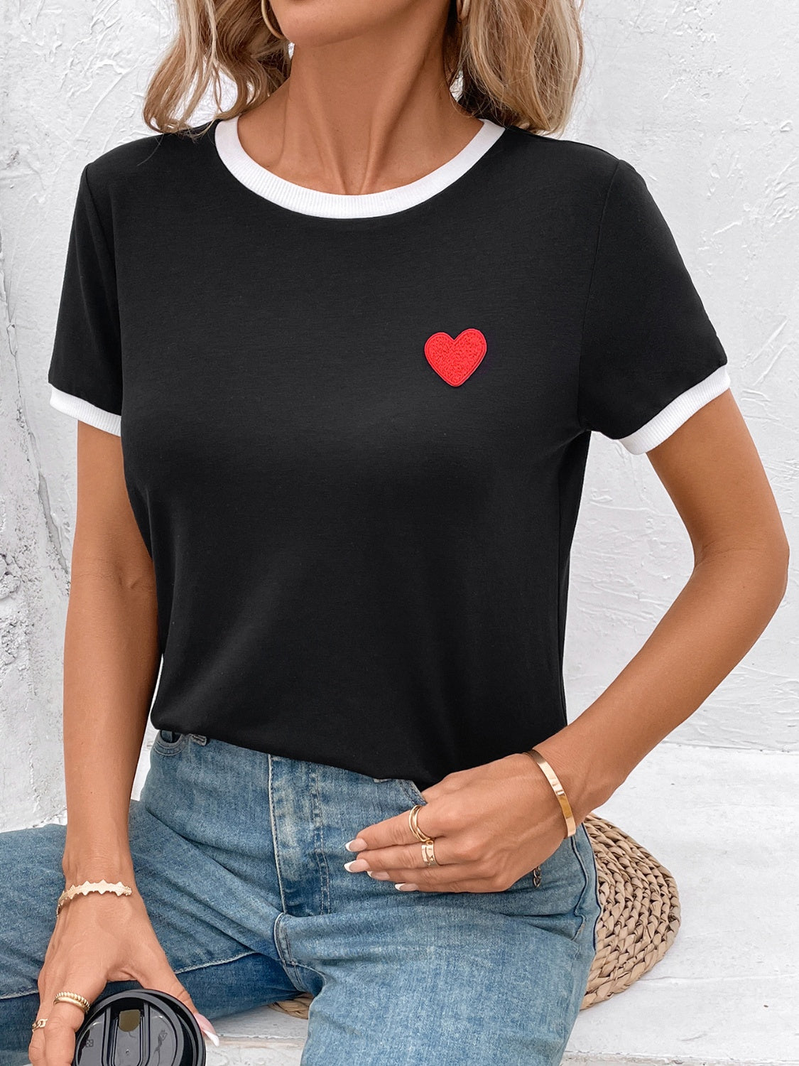 Heart Round Neck Short Sleeve T-Shirt - T - 1 COLOR -