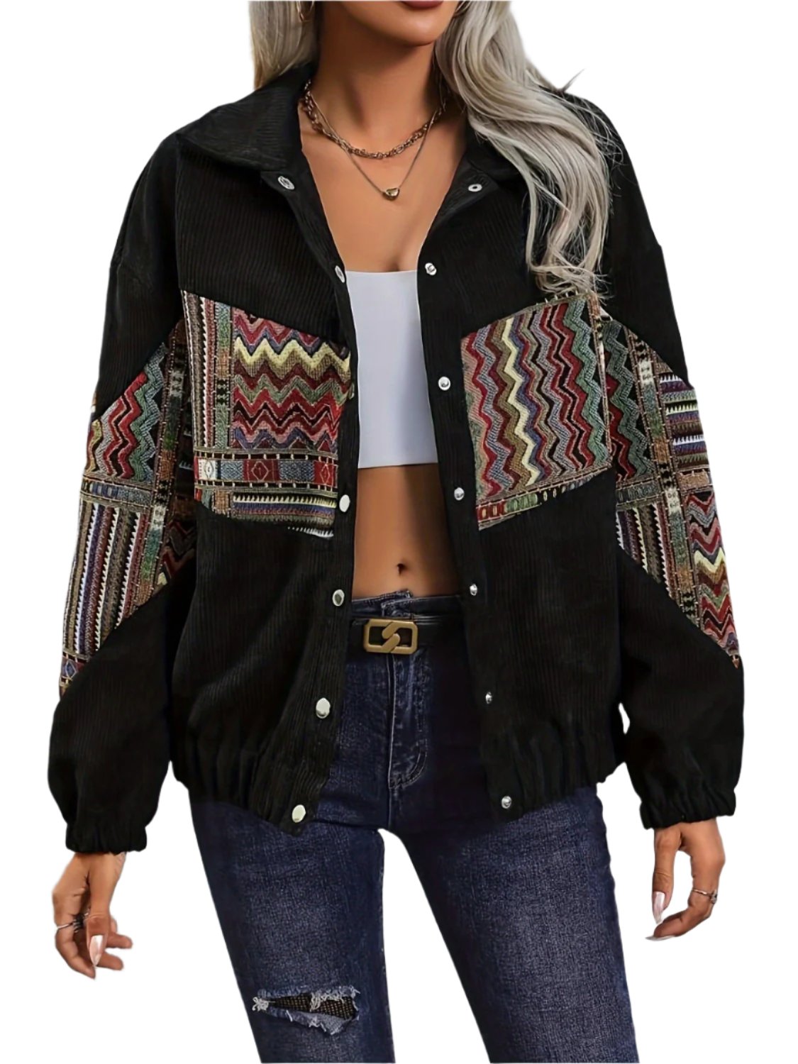 Embroidered Collared Neck Snap Down Jacket - T - 1 COLOR -