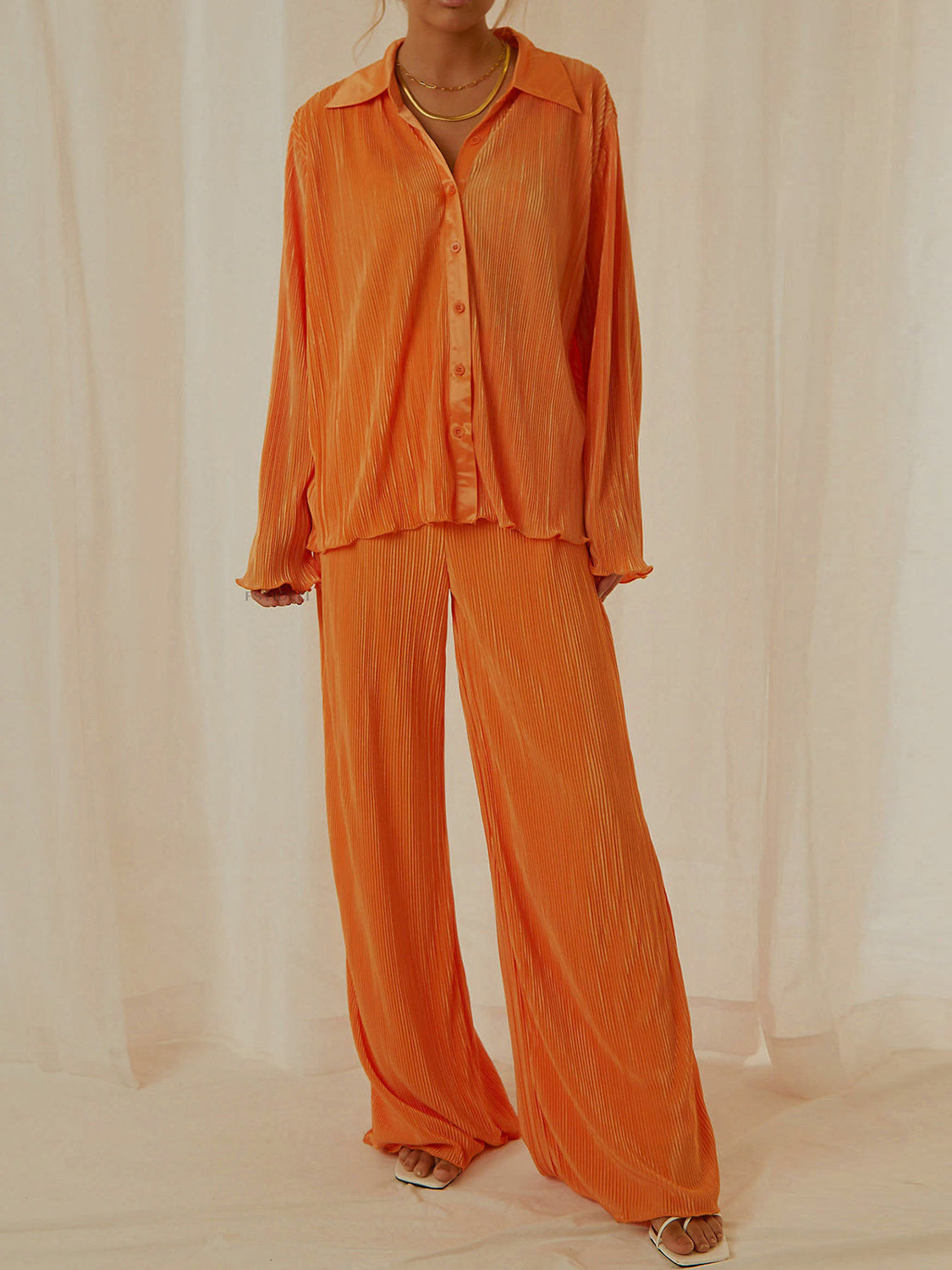 Collared Neck Long Sleeve Top and Pants Lounge Set - T - 5 COLORS -