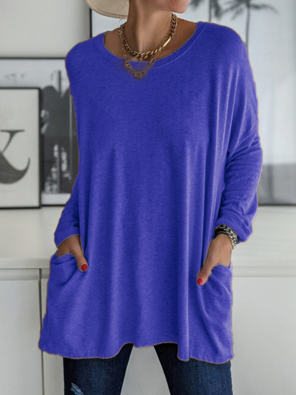 Full Size Round Neck Drapey Long Sleeve T-Shirt - SIZES S THRU 3XL - T - 6 COLORS -