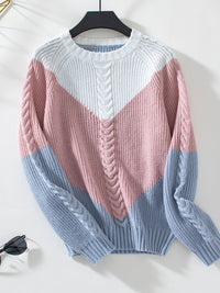 Thumbnail for Color Block Round Neck Long Sleeve Sweater - T - 2 COLORS -