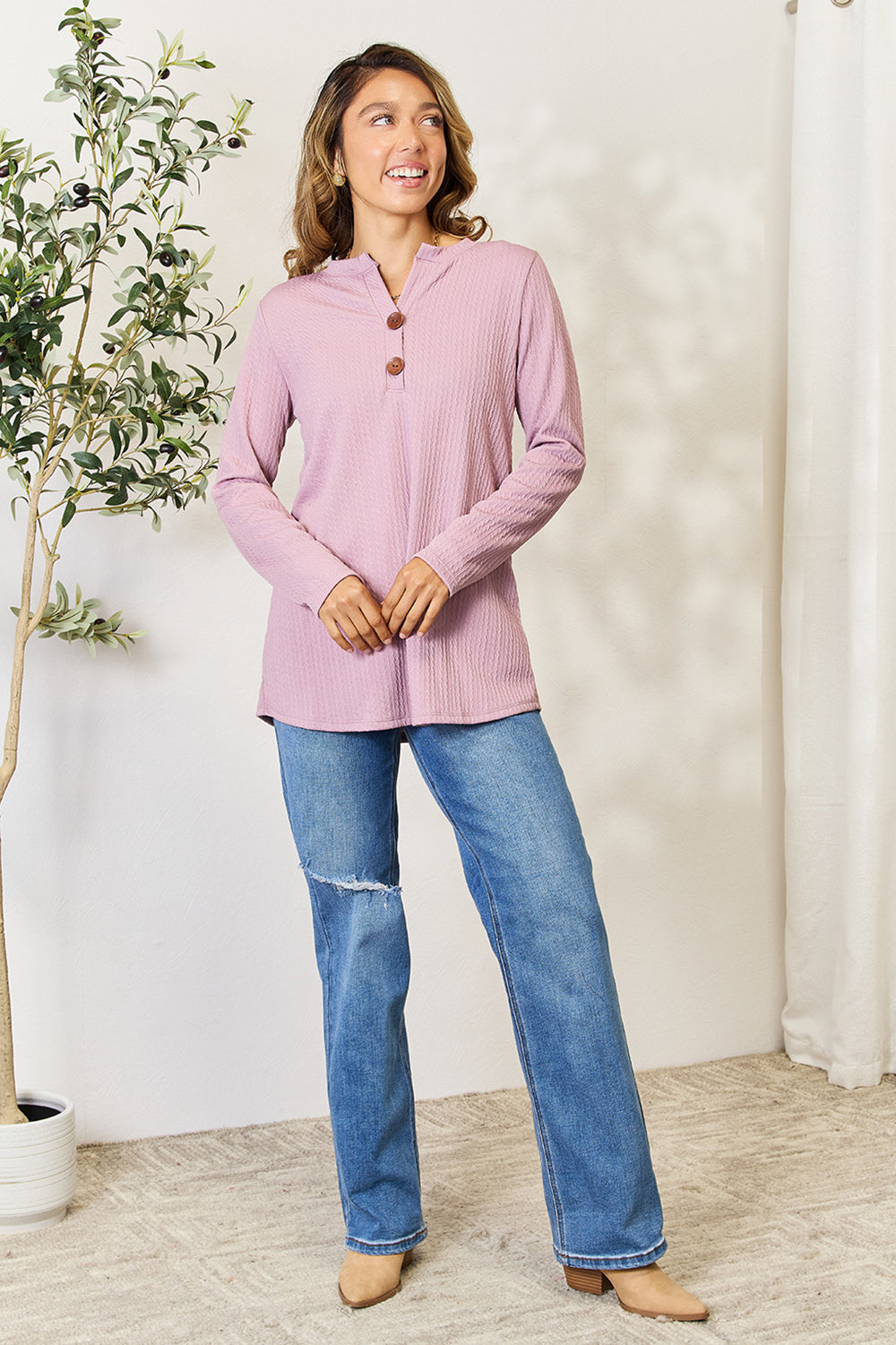 Celeste Full Size Texture Half Button Long Sleeve Blouse - SIZES S THRU 3XL - T - 1 COLOR -