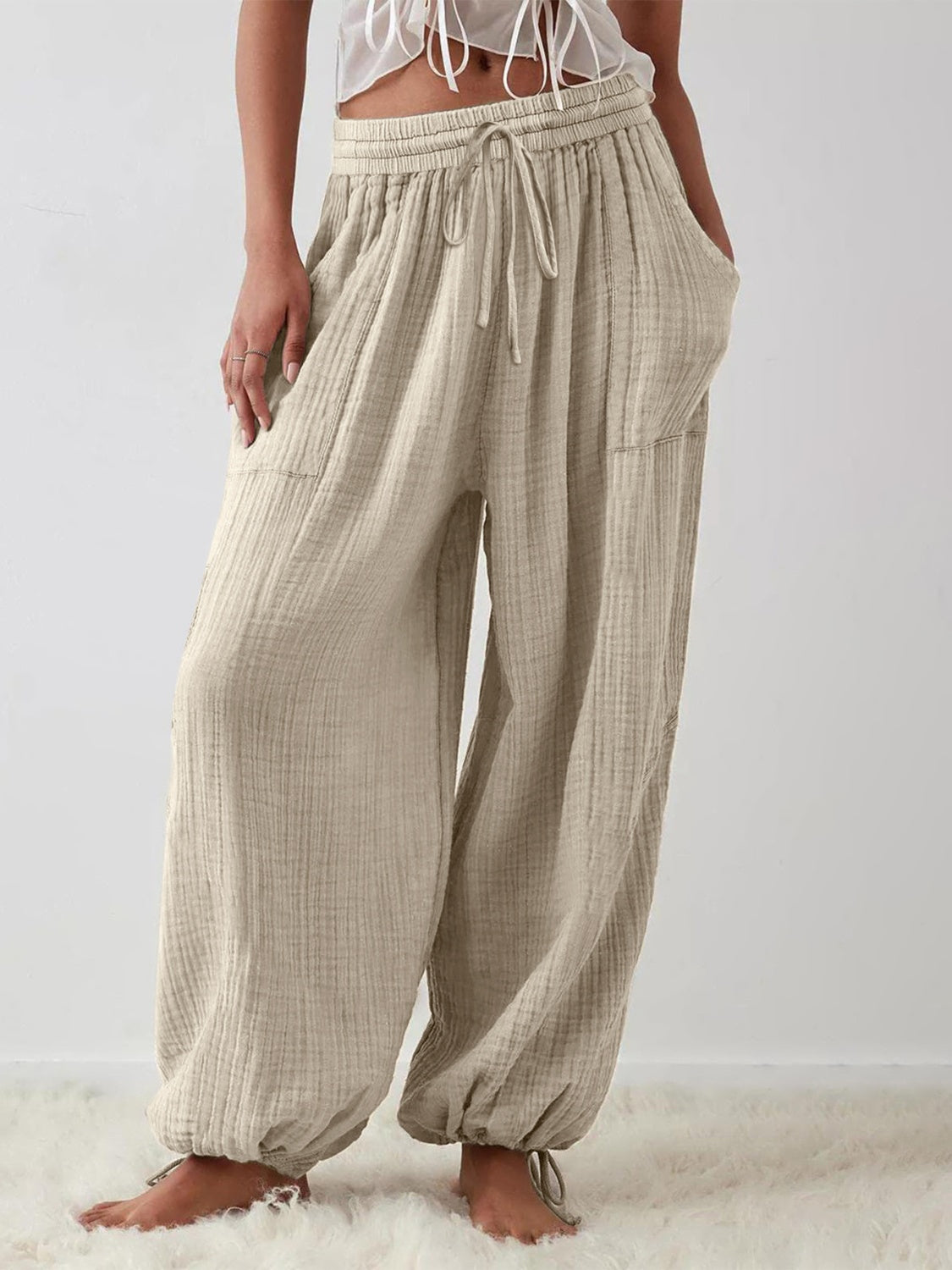 Textured Lounging Tie Pants with Pockets - T - 1 COLOR -