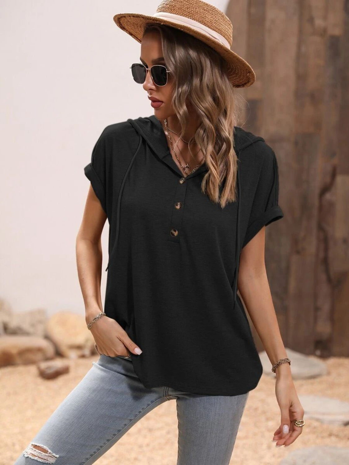 Half Button Hooded Short Sleeve Blouse - T - 4 COLORS -