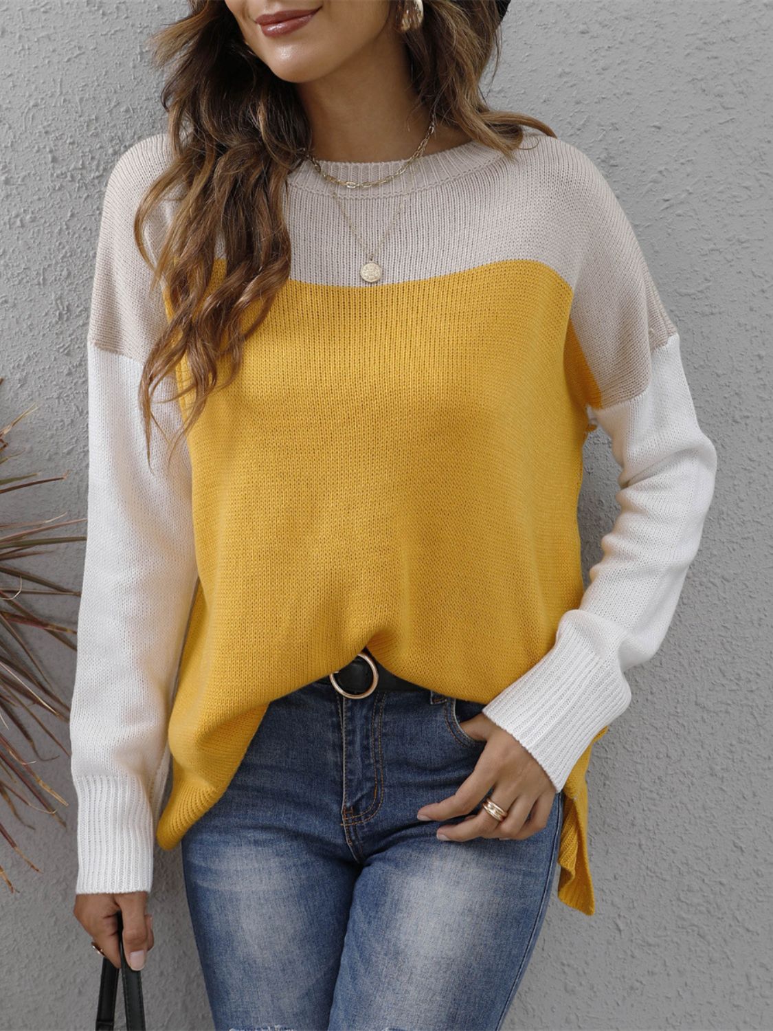 Color Block Round Neck Sweater - T - 3 COLORS -