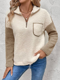 Thumbnail for Perfee Contrast Half Zip Long Sleeve Furry Sweatshirt - T - 1 COLOR