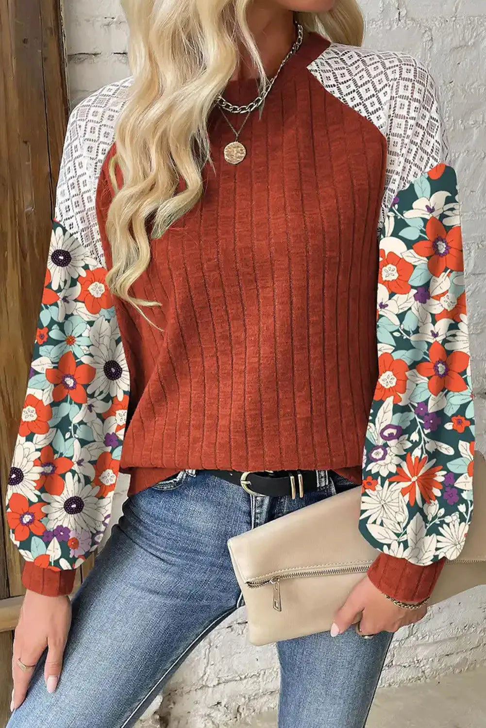 Printed Round Neck Long Sleeve Top - T - 3 COLORS -