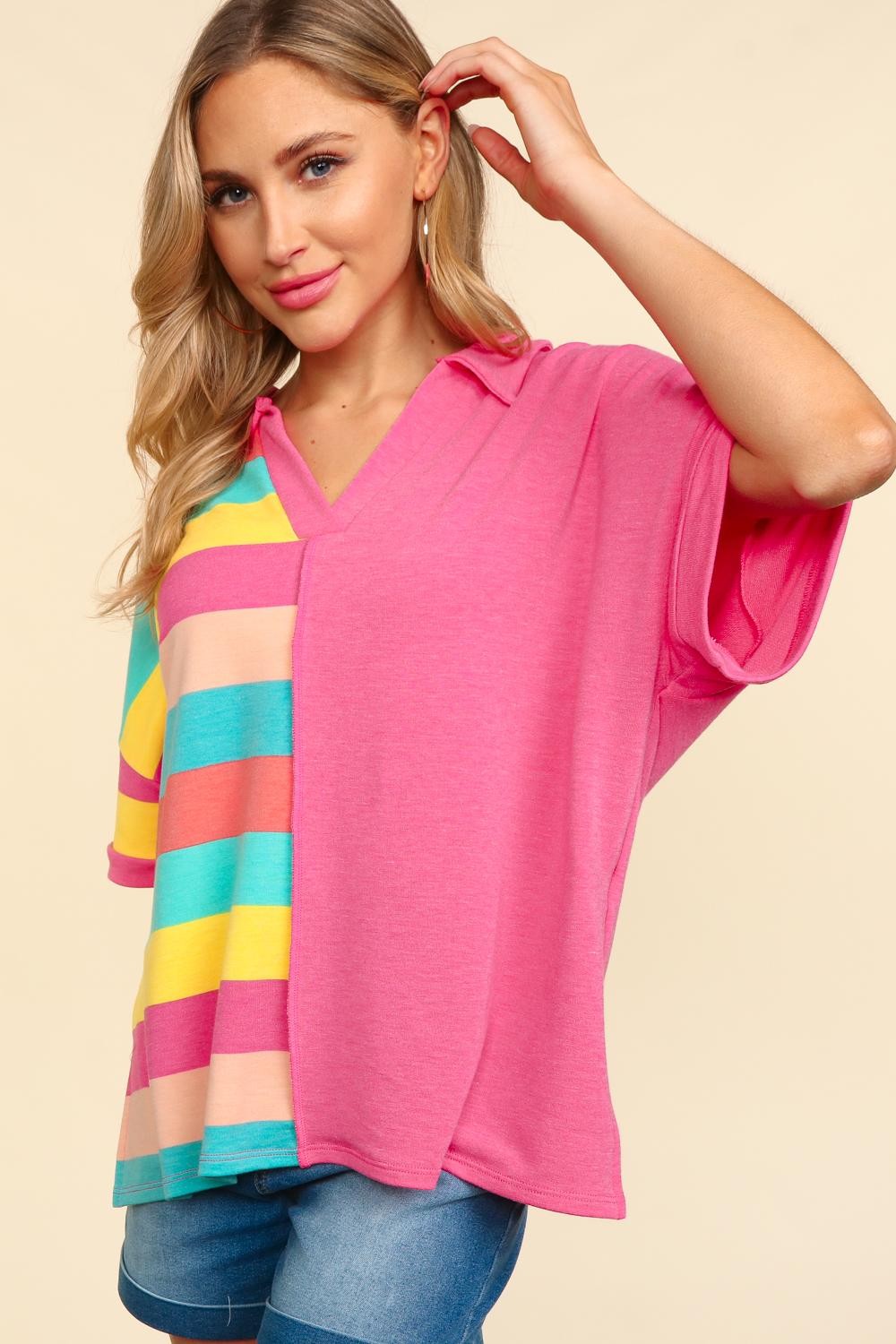 Haptics Exposed Seam Short Sleeve Half Striped T-Shirt - S,M,L ONLY - T - 1 COLOR -