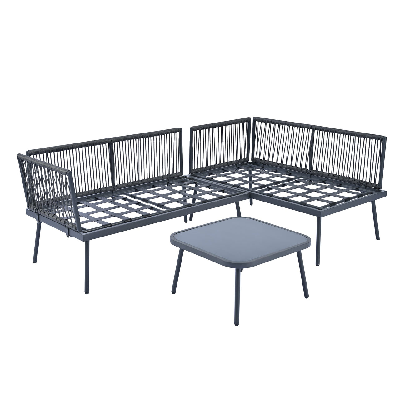 Modern Outdoor 3-Piece PE Rattan Sofa Set All Weather Patio Metal Sectional Furniture Set With Cushions and Glass Table