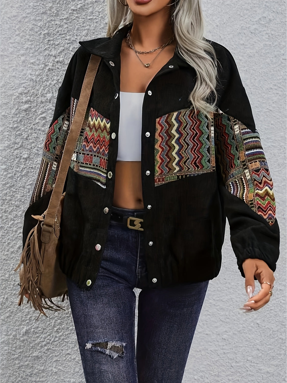 Embroidered Collared Neck Snap Down Jacket - T - 1 COLOR -