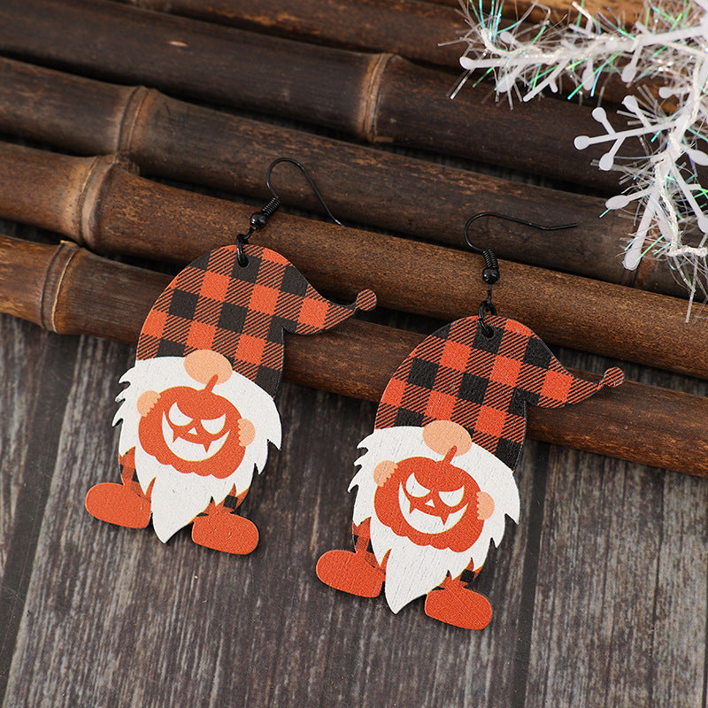 Wooden Gnome Pumpkin Dangle Earrings - T - 1 COLOR -