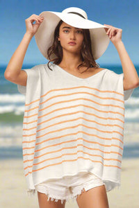 Thumbnail for BiBi V Neck Striped Short Sleeve Top - T - 1 COLOR -