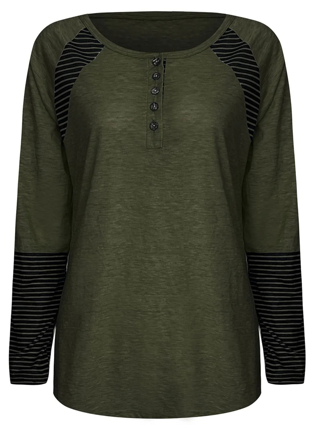 Full Size Striped Quarter Button Long Sleeve T-Shirt - T - 6 COLORS -