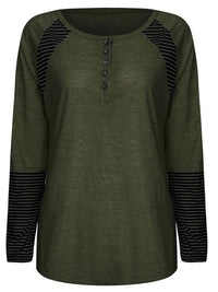 Thumbnail for Full Size Striped Quarter Button Long Sleeve T-Shirt - T - 6 COLORS -