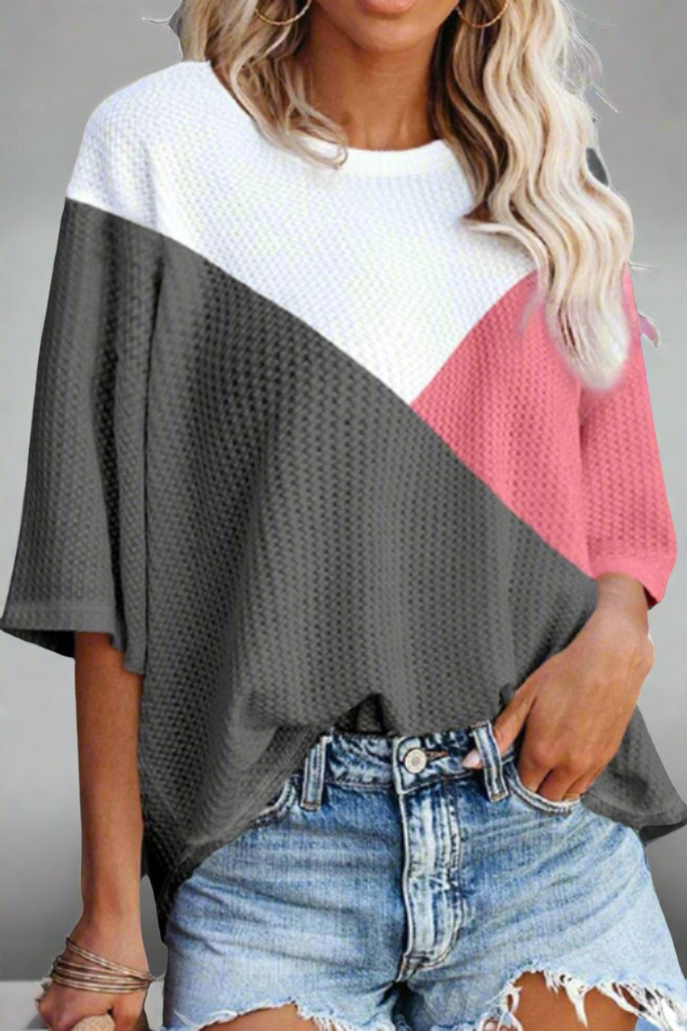 Color Block Round Neck Half Sleeve Top - T - 1 COLOR -