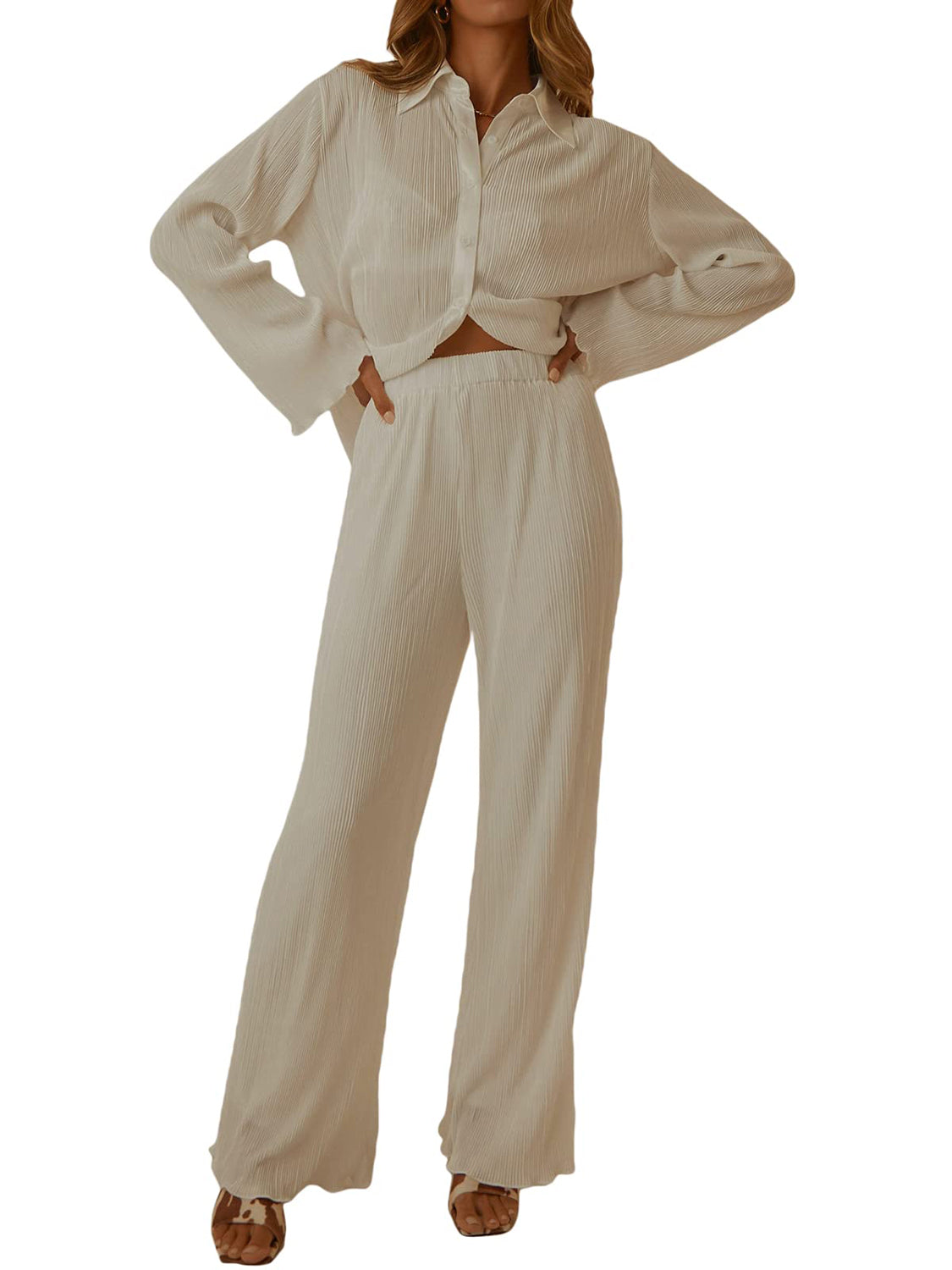 Collared Neck Long Sleeve Top and Pants Lounge Set - T - 5 COLORS -