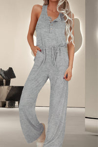 Thumbnail for Drawstring Quarter Button Wide Strap Jumpsuit - T - 1 COLOR -