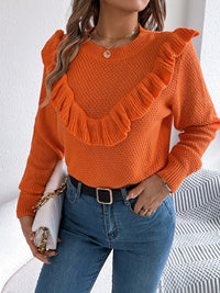 Thumbnail for Ruffled Round Neck Long Sleeve Sweater - T - 1 COLOR -