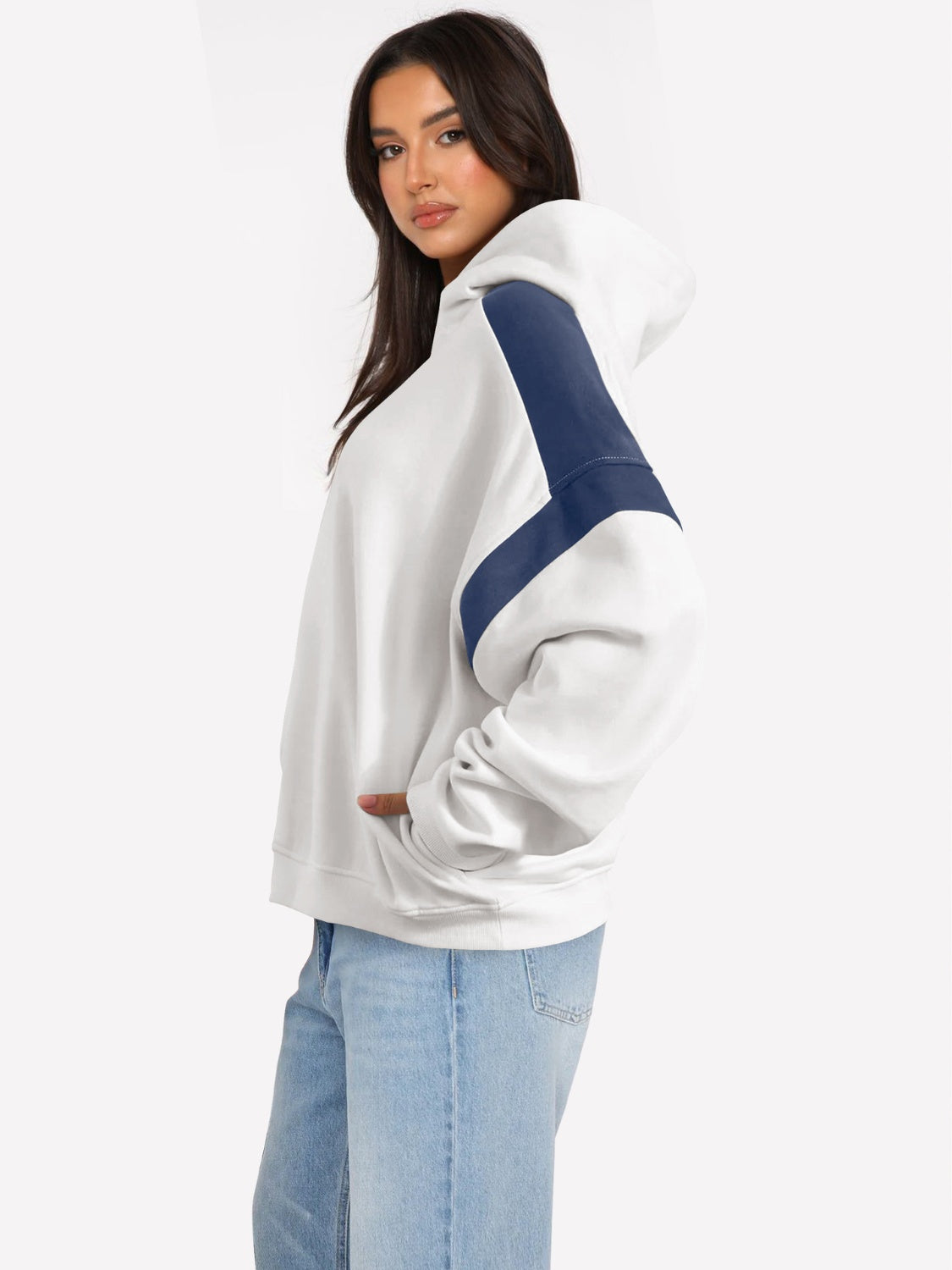 Contrast Dropped Shoulder Long Sleeve Hoodie - T - 6 COLORS -