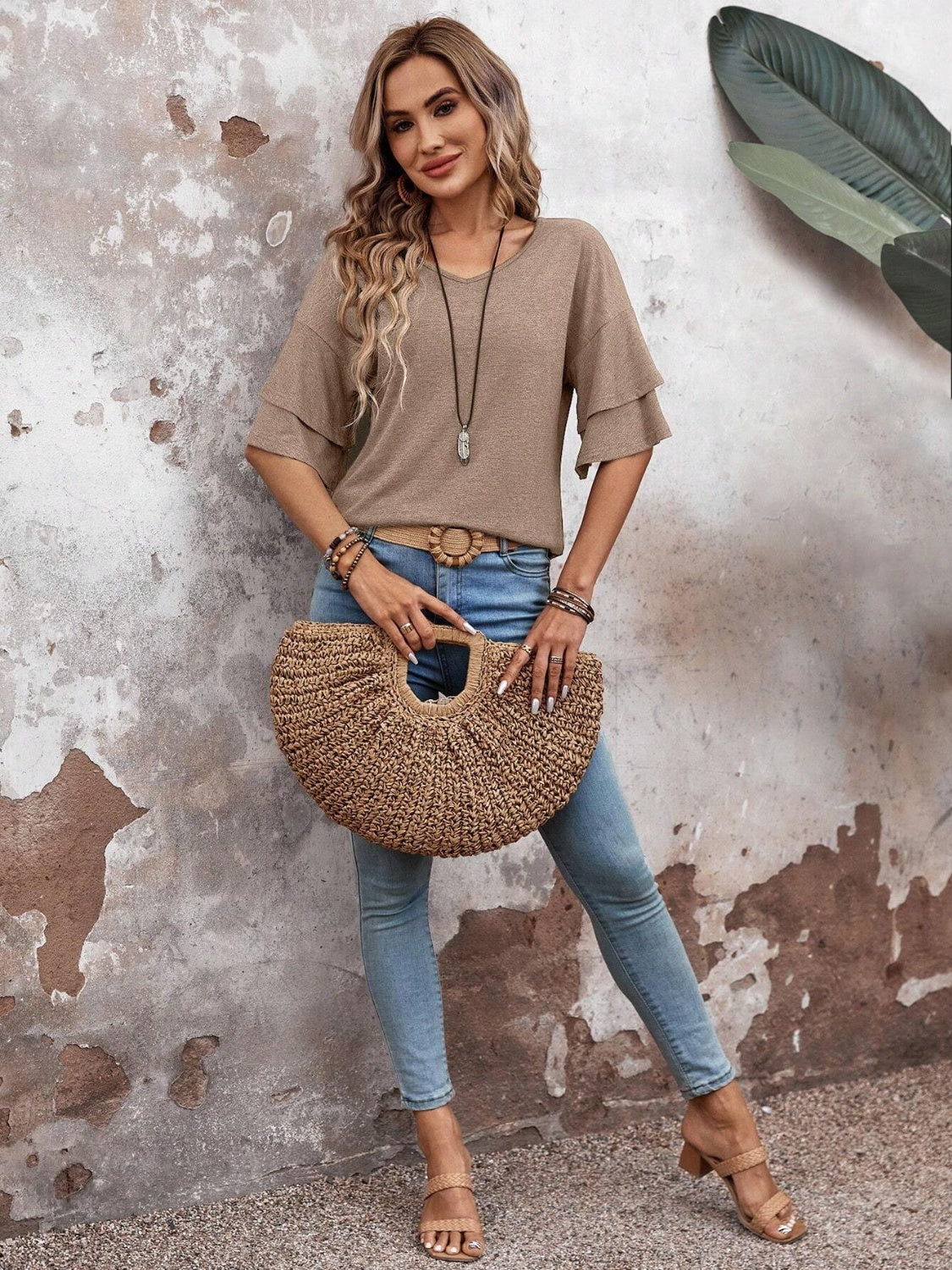 V-Neck Half Sleeve Blouse - T - 5 COLORS -