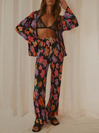 Thumbnail for Printed Collared Neck Long Sleeve Top and Pants Lounge Set - 2 PCS. - T - 4 COLORS -