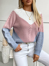 Thumbnail for Color Block Round Neck Long Sleeve Sweater - T - 2 COLORS -