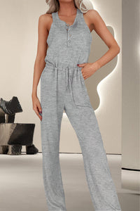 Thumbnail for Drawstring Quarter Button Wide Strap Jumpsuit - T - 1 COLOR -