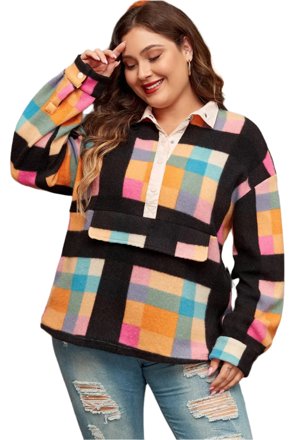 Plus Size Color Block Half Snap Long Sleeve Sweatshirt - XL THRU 4XL ONLY - T -1 COLOR