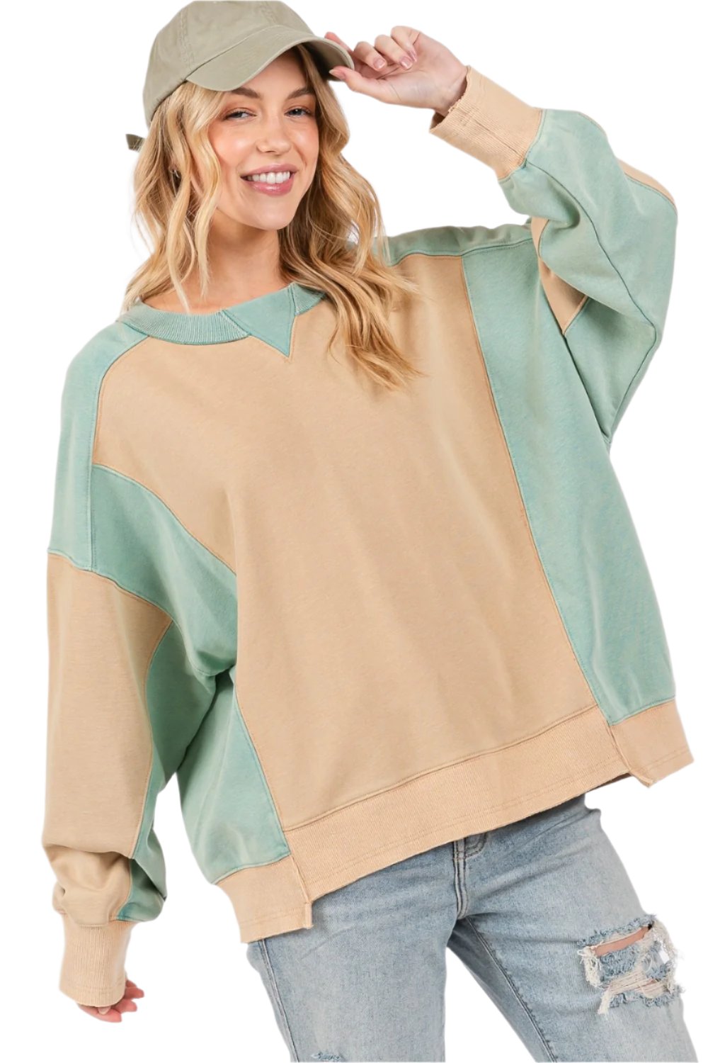 SAGE + FIG Color Block Round Neck Sweatshirt - T - 1 COLOR -