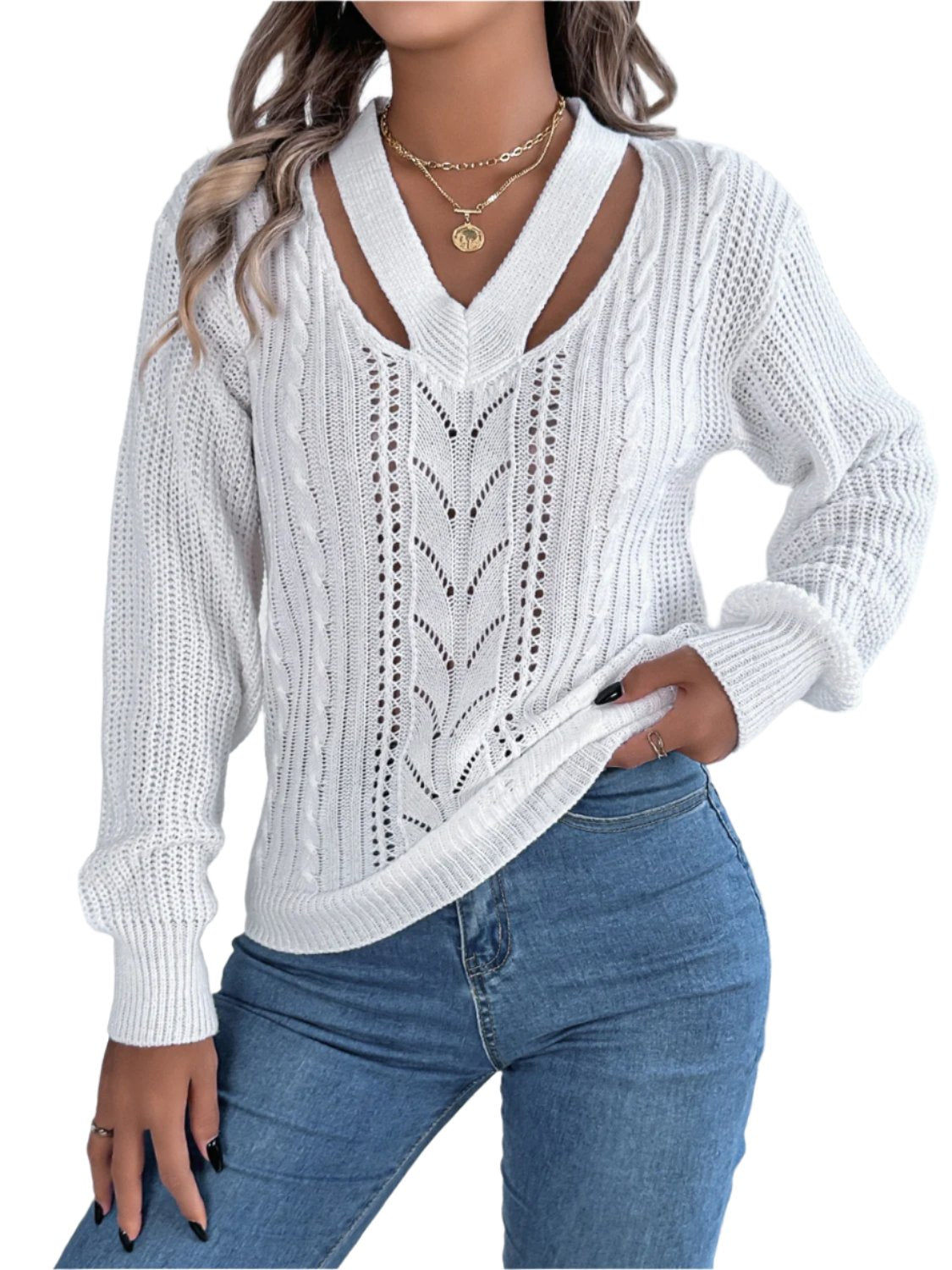 Cutout V-Neck Long Sleeve Sweater - T - 3 COLORS -