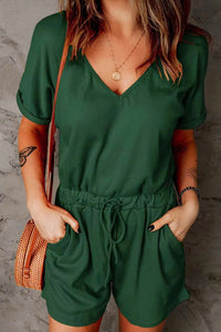 Thumbnail for Full Size Drawstring V-Neck Short Sleeve Romper - T - 7 COLORS -