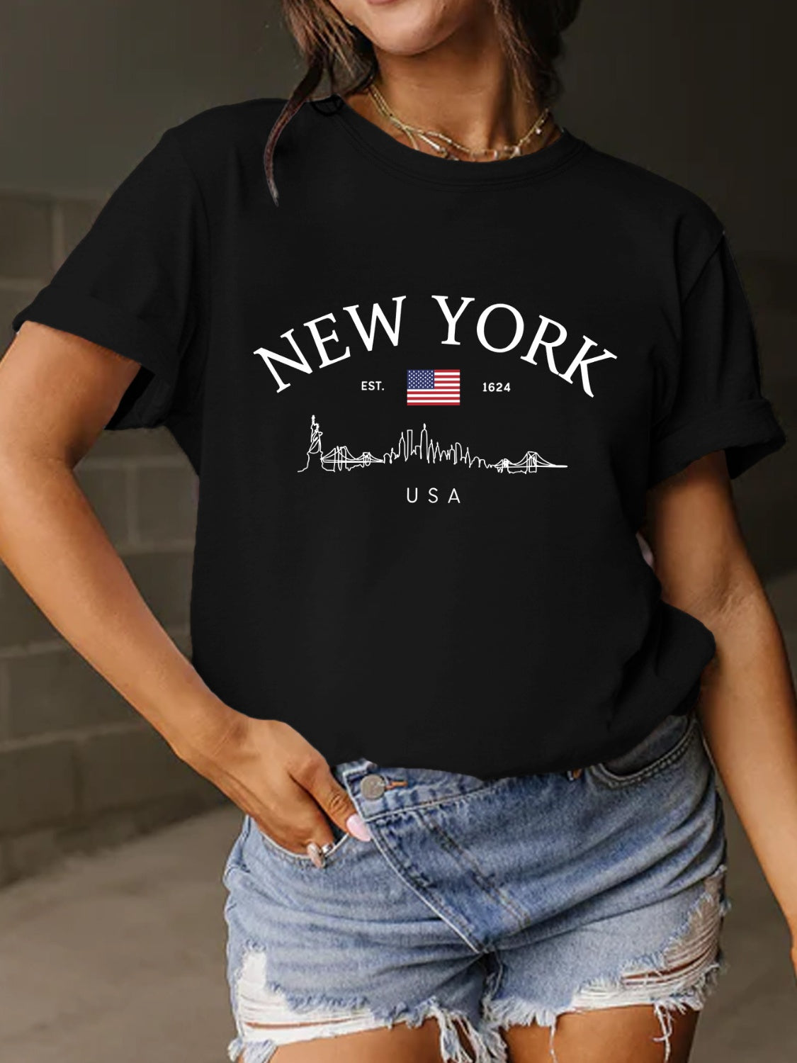 New York Skyline Letter Graphic Round Neck Short Sleeve T-Shirt - 10 COLORS -