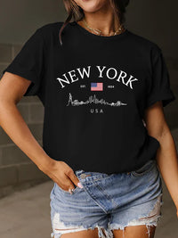 Thumbnail for New York Skyline Letter Graphic Round Neck Short Sleeve T-Shirt - 10 COLORS -