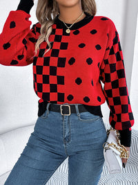 Thumbnail for Plaid Round Neck Long Sleeve Sweater - T - 3 COLORS -