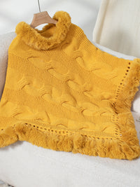 Thumbnail for Fuzzy Hem Cable-Knit Poncho - 1 SIZE - T - 6 COLORS -