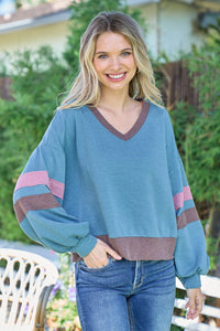 Thumbnail for Hailey & Co Color Block V-Neck Cropped sweatshirt