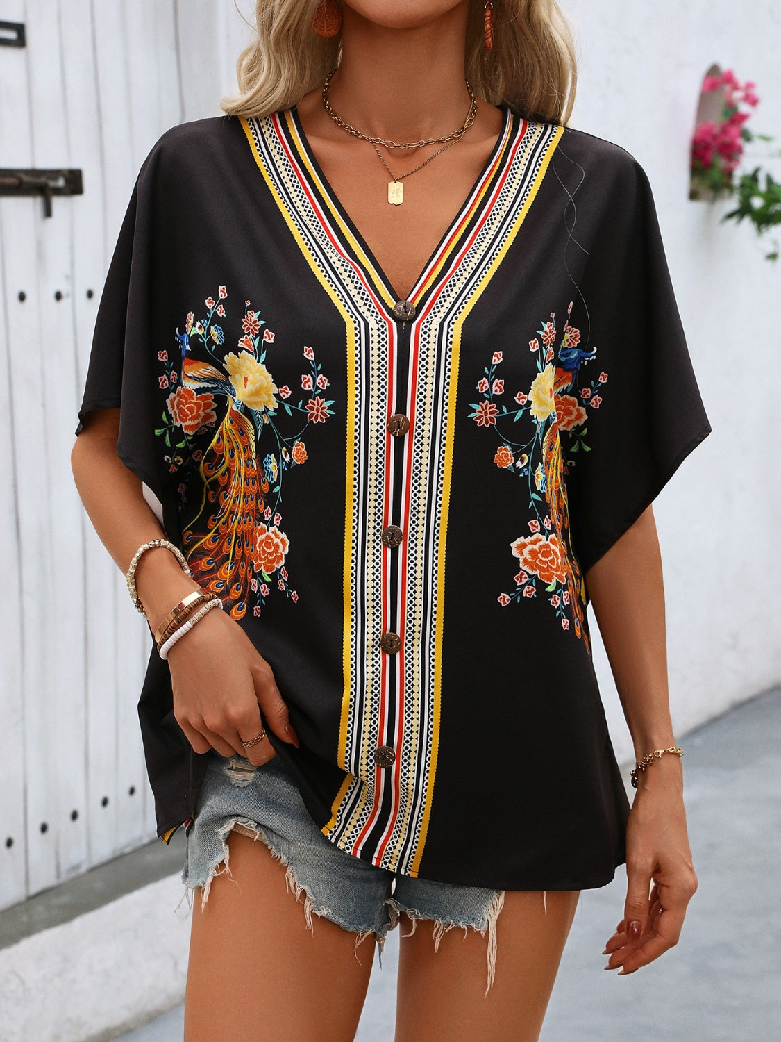 Decorative Button Printed V-Neck Half Sleeve Blouse - T - 1 COLOR -