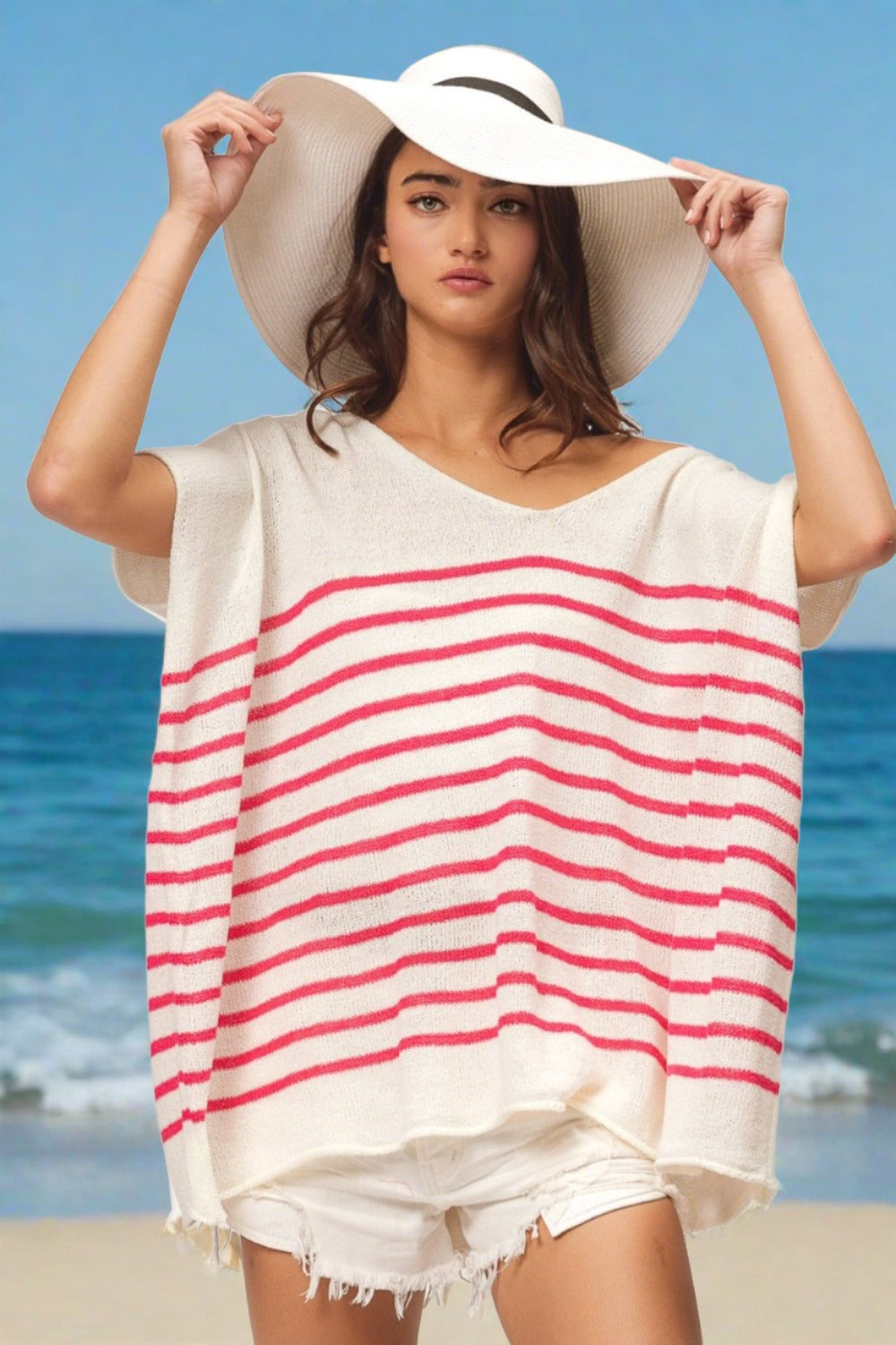 BiBi V Neck Striped Short Sleeve Top - Beach or Everyday - T - 1 COLOR -