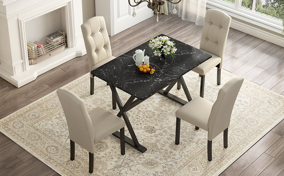 Solid Wood 5-Piece Dining Table Set With Faux Marble Tabletop and Upholstered Dining Chairs for 4, Faux Marble Black+Bei